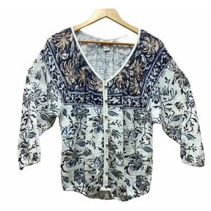 Lucky Brand Women’s Size S Small V Neck Floral Blouse Braided Trim Elastic Hem